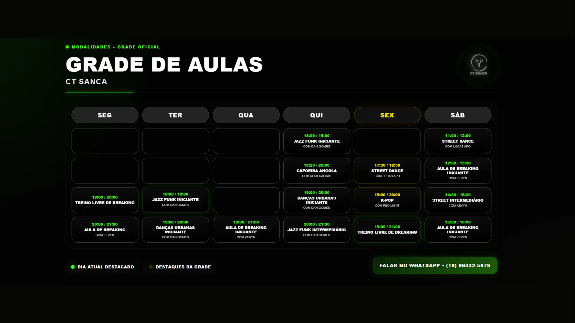 Grade de aulas gratuitas do CT SANCA